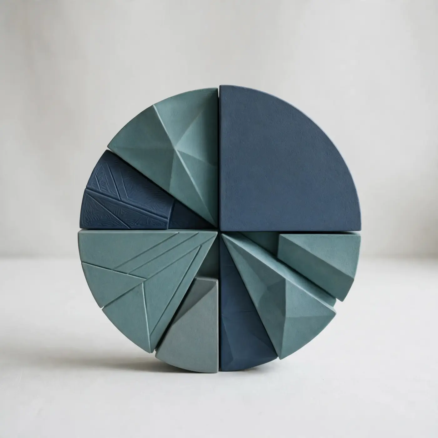 Escultura geométrica abstracta de gráfico circular en tonos teal y azul marino
